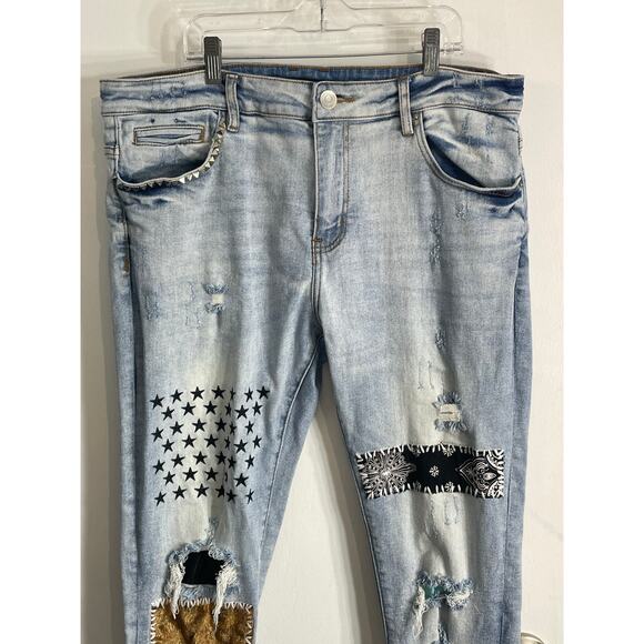 Embellish Jeans 36x32 High Rise Skinny Distressed Embroidered Patches Festival - Picture 5 of 9